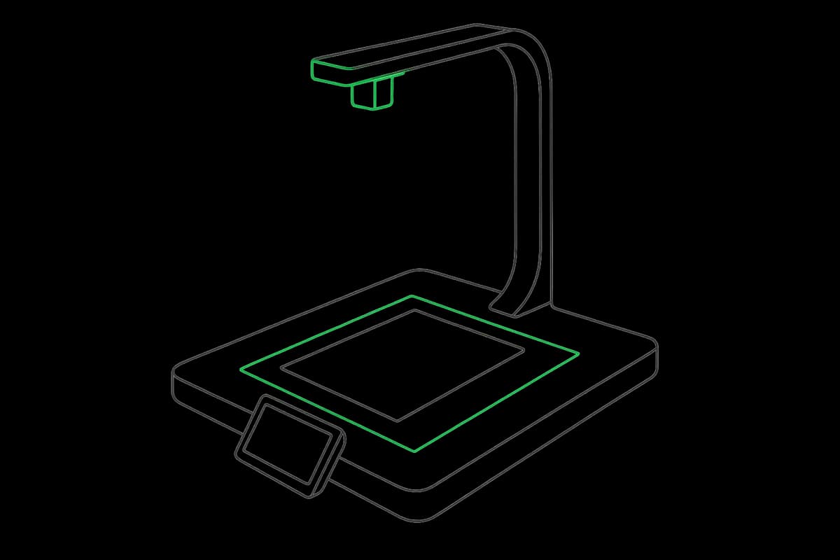 The Dodo document scanner — an overhead camera arm on a scan bed